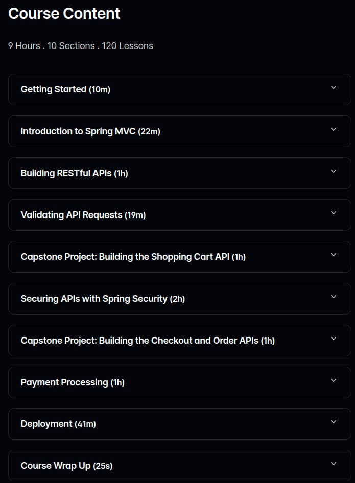 Course topics · Code with Mosh – Spring Boot: Mastering REST API Development 2025-4