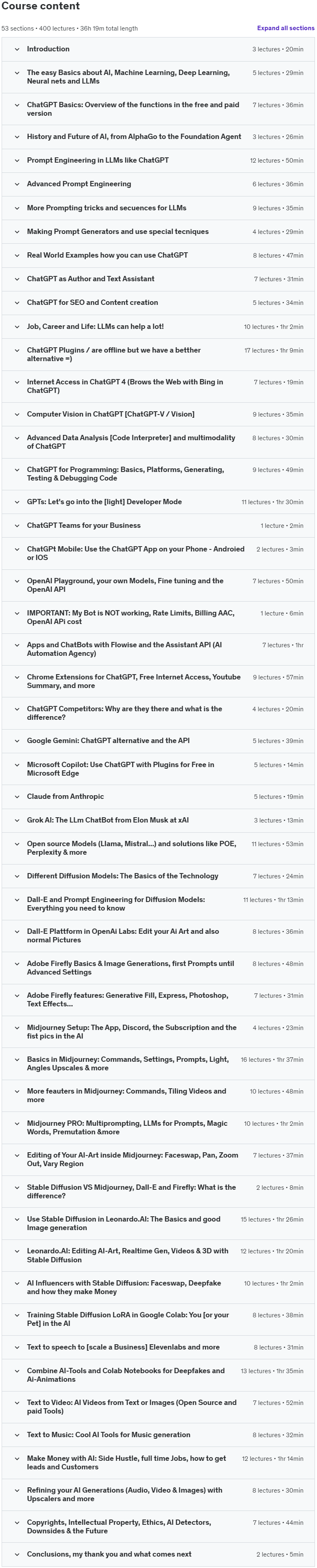 Course topics · Udemy — All of AI: ChatGPT, Midjourney, Stable Diffusion & App Dev 2024-3