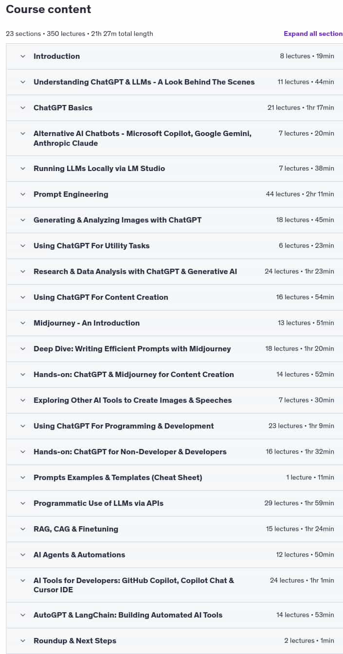 Course topics · Udemy — ChatGPT & Generative AI – The Complete Guide 2025-5