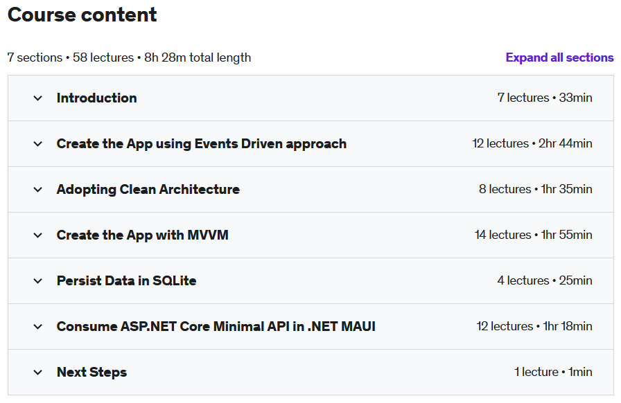 Course topics · Udemy — Learn .NET MAUI while creating a Contacts App in .NET 7 2023-3