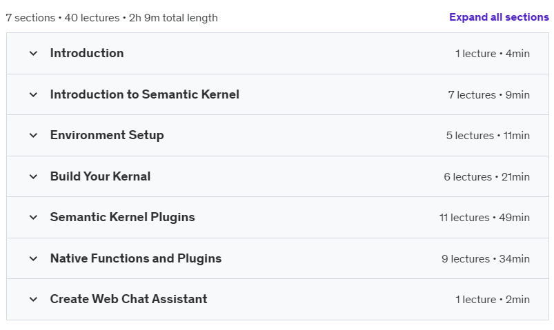 Course topics · Udemy — Understanding Semantic Kernel SDK 2024-11