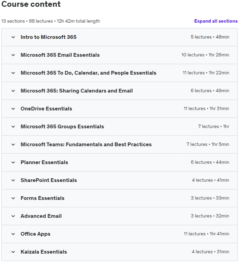 Course topics · Udemy — Mastering Microsoft 365 (2022) (was Mastering Office 365) 2023-7