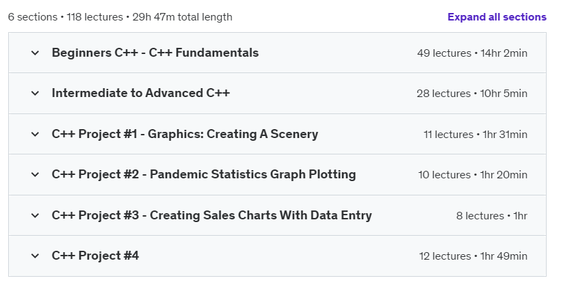 Course topics · Udemy — C++ Learning Path: From Basics to Advanced Projects 2024-11