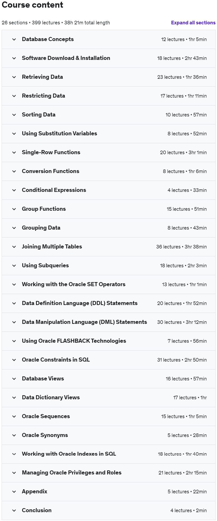 Course topics · The Complete Oracle SQL Bootcamp (2023) 2023-3