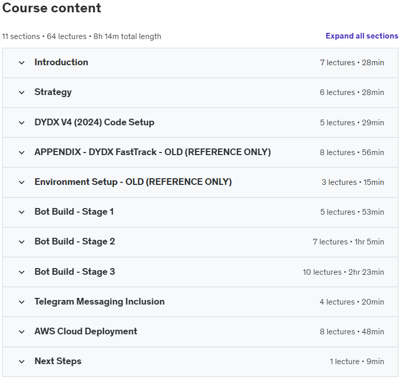 Course topics · Udemy — DYDX Pairs Trading Bot Build in Python Running in the Cloud 2024-7