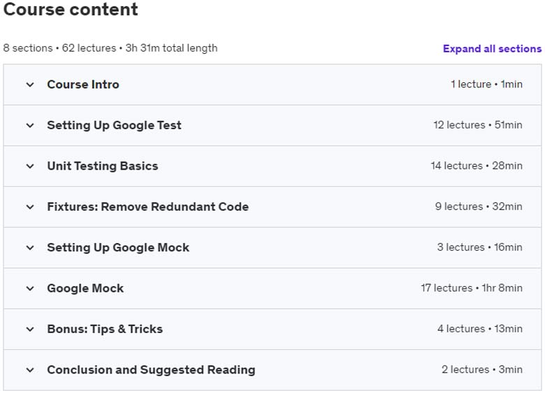 Course topics · Udemy — C++ Unit Testing: Google Test and Google Mock 2022-7