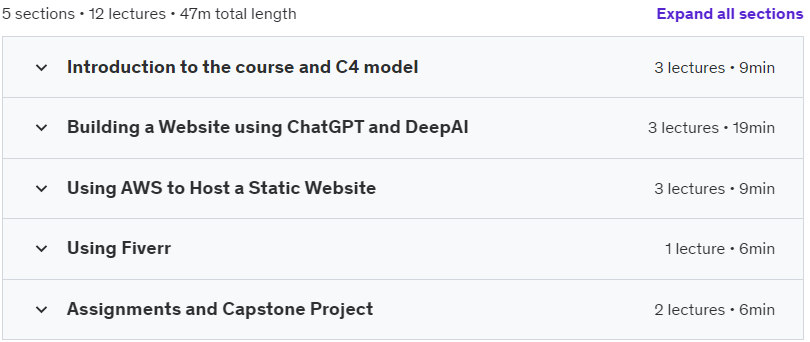 Course topics · Build a Website with ChatGPT, DeepAI, AWS and Make Clients! 2023-2
