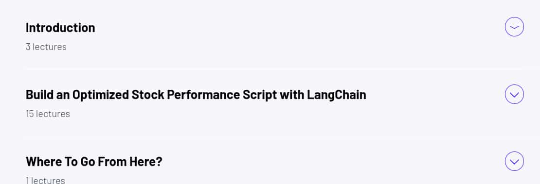 Course topics · ZeroToMastery — Build an AI Stock Analyzer using ChatGPT, Python and LangChain 2025-4