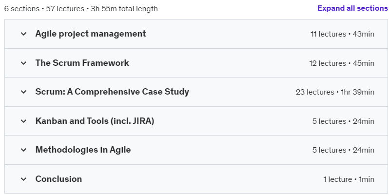 Course topics · Udemy — The Complete Agile & Scrum Project Management Course 2024-9