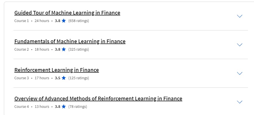 Course topics · Coursera — Machine Learning and Reinforcement Learning in Finance Specialization 2023-12