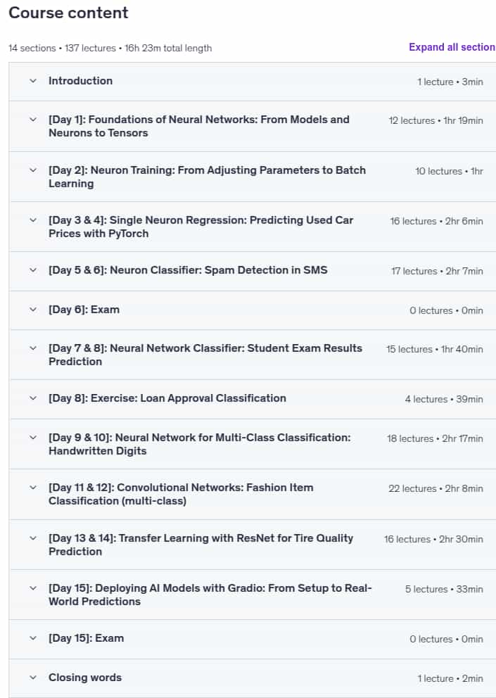 Course topics · Practical Deep Learning: Master PyTorch in 15 Days 2025-8