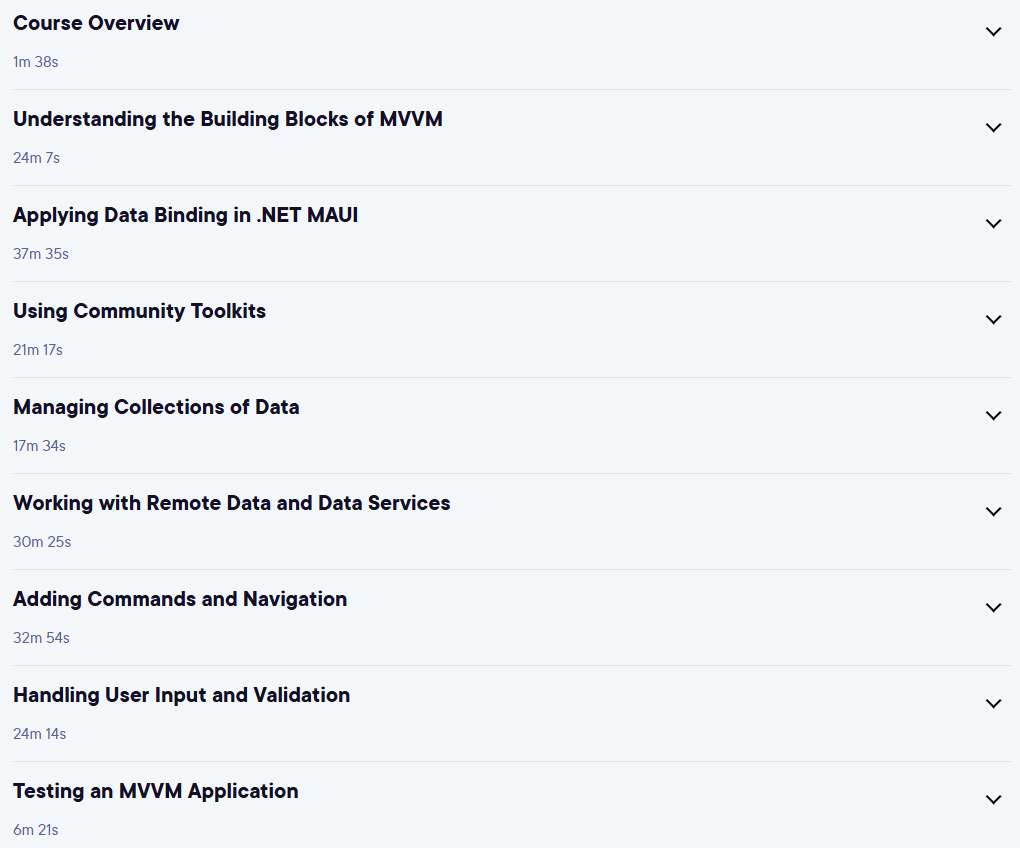 Course topics · Pluralsight — Building .NET MAUI Applications with MVVM 2024-3