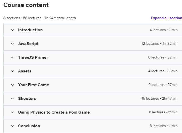 Course topics · Udemy — The Beginners Guide to 3D Web Game Development with Three.JS 2021-7