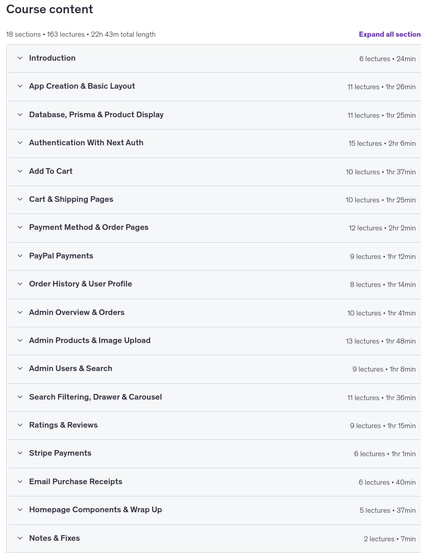 Course topics · Next.js Ecommerce 2025 – Shopping Platform From Scratch 2025-2