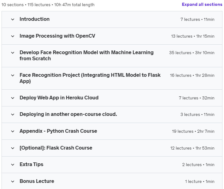 Course topics · Udemy — Face Recognition with Machine Learning + Deploy Flask App 2023-5