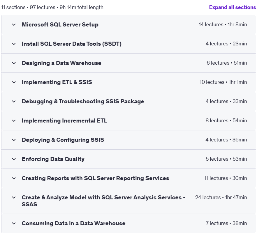 Course topics · Udemy — SQL/ETL/Data Warehouse Developer -(MS-SQL, SSIS, SSRS, SSAS) 2022-5