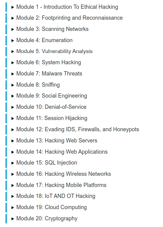 Course topics · ITU — Certified Ethical Hacker (CEH) v12 2023-7