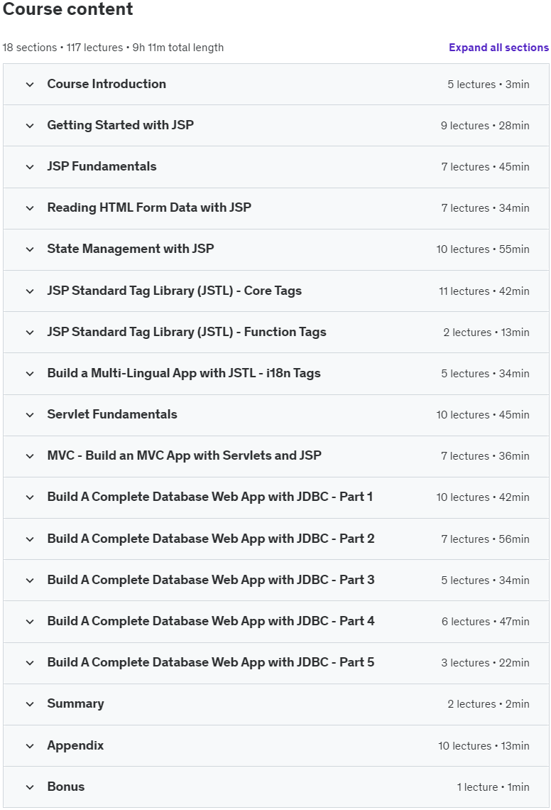 Course topics · Udemy — JSP, Servlets and JDBC for Beginners: Build a Database App 2024-5
