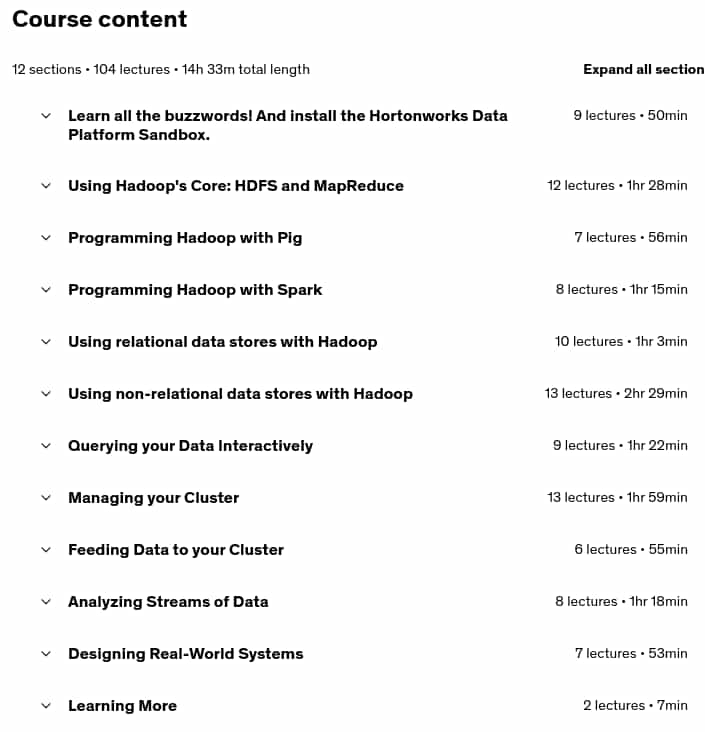 Course topics · The Ultimate Hands-On Hadoop: Tame your Big Data! 2025-7