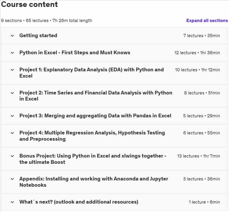 Course topics · Udemy — Python in Excel 2023 Masterclass for Data Science 2024-3