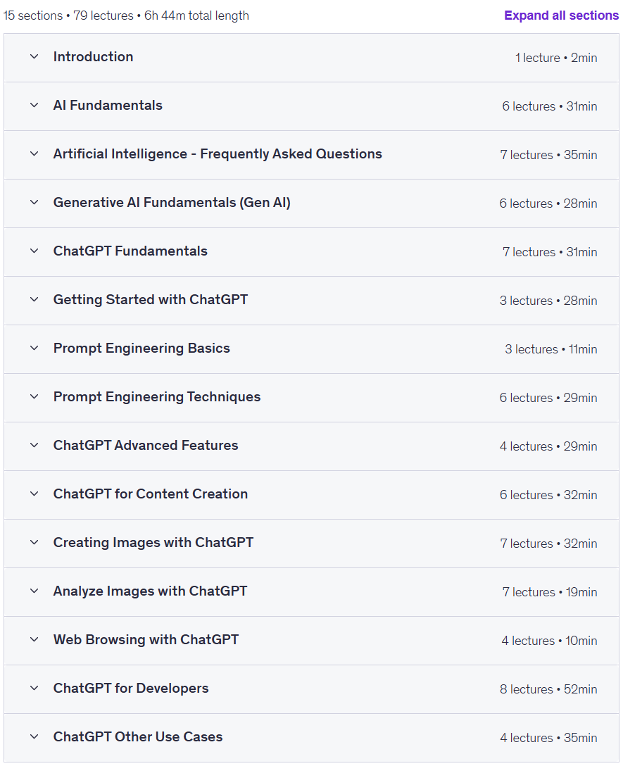 Course topics · Udemy — ChatGPT + Generative AI + Prompt Engineering for Beginners 2025-7