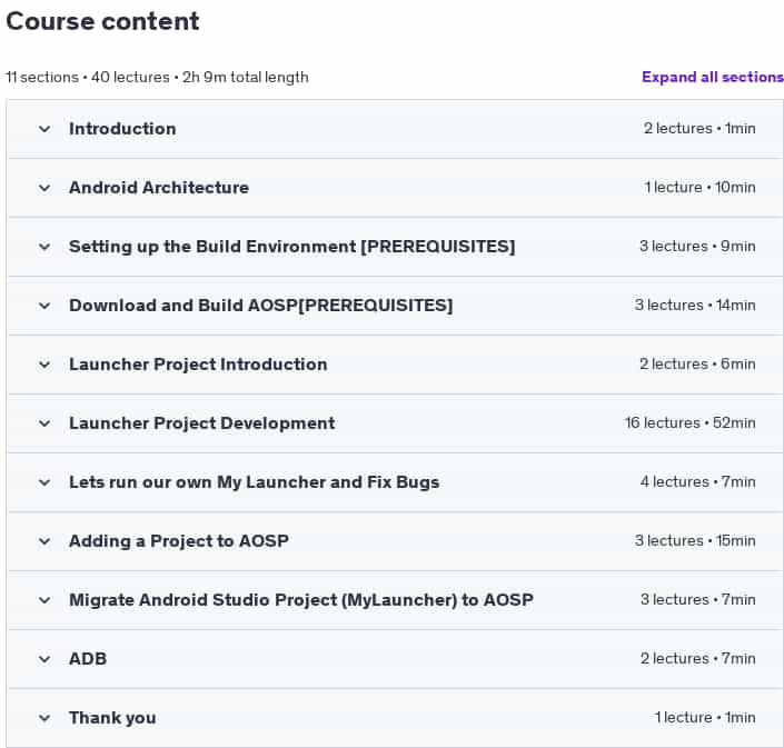 Course topics · Udemy — Android ROM – UI AOSP – Phone Launcher – Kiosk App 2022-9