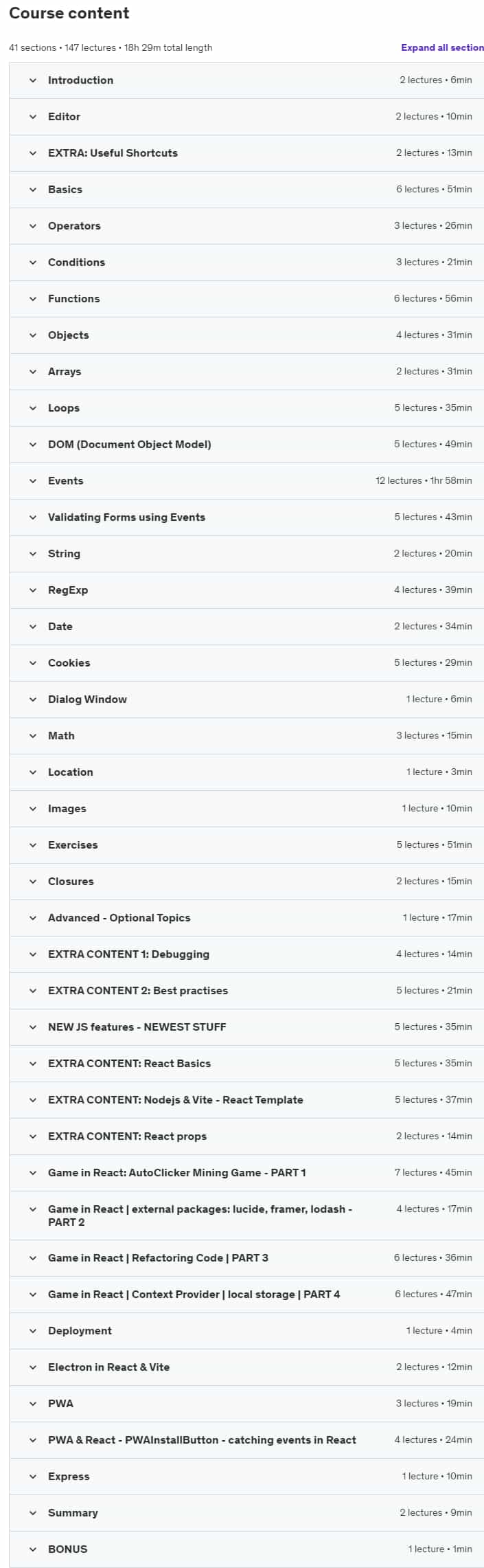 Course topics · JavaScript from Beginner to Expert 2023-12