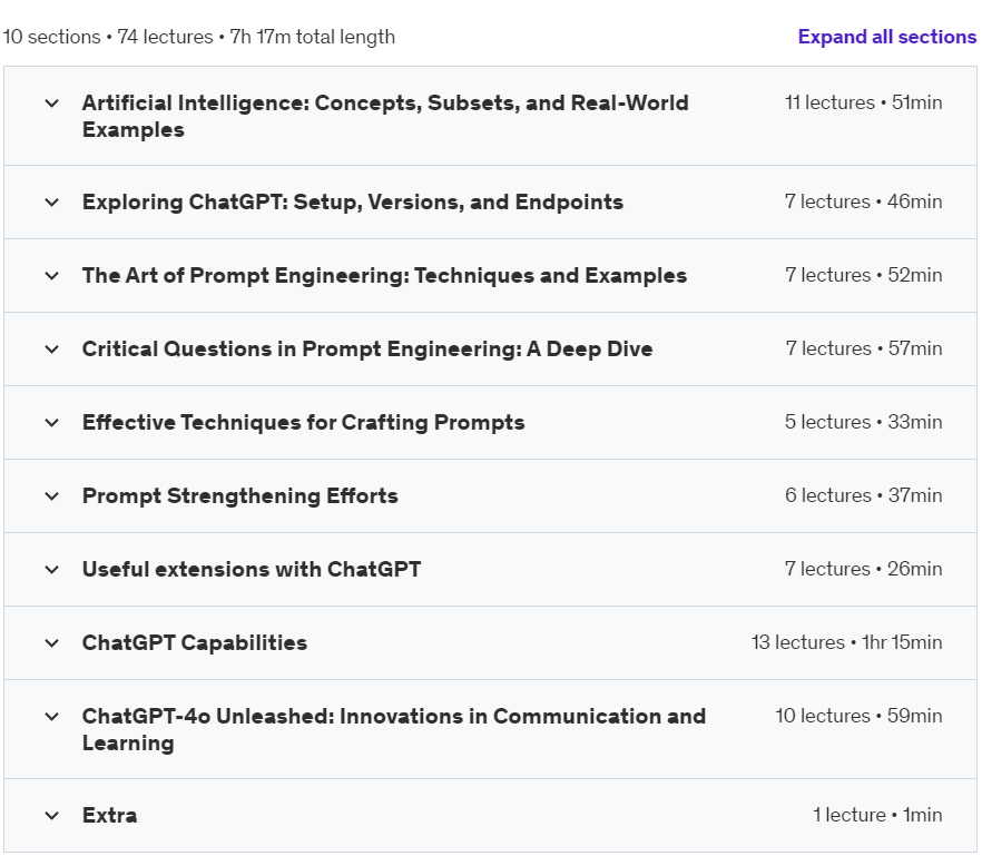 Course topics · Generative AI and ChatGPT Master Course with 20 AI Tools 2024-8