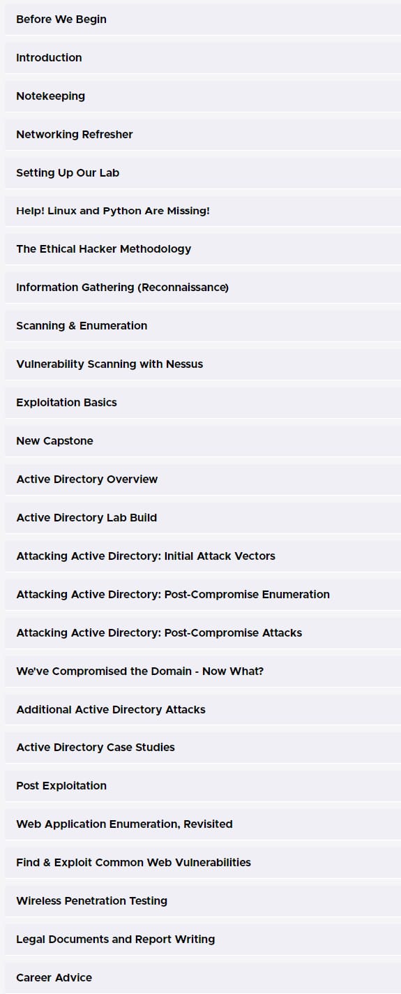 Course topics · TCM Security — Practical Ethical Hacking 2024-9