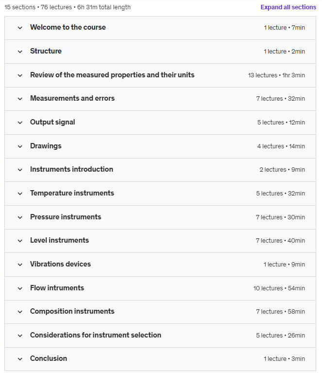 Course topics · Industrial Instrumentation for Continuous Processes 2021-2