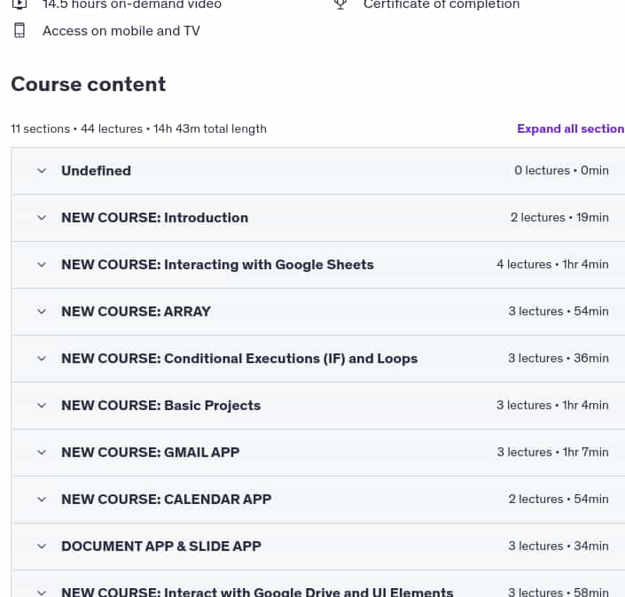 Course topics · Google Apps Script: From Level Zero with 20 Projects (2025) 2025-4
