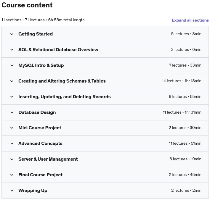 Course topics · MySQL Database Administration: Beginner SQL Database Design 2021-11