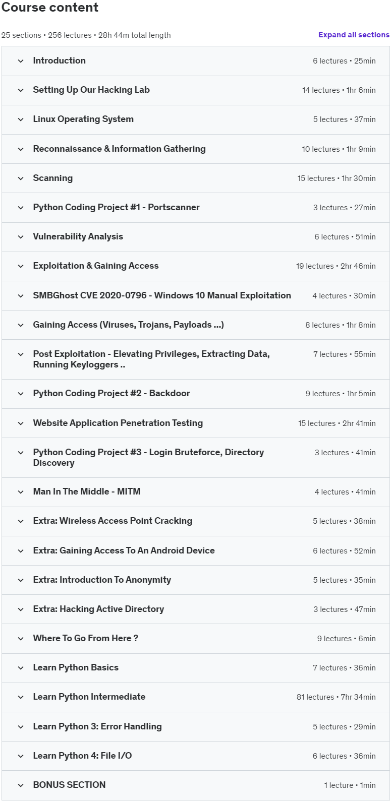 Course topics · ZeroToMastery — Complete Ethical Hacking Bootcamp: Zero to Mastery 2025-4