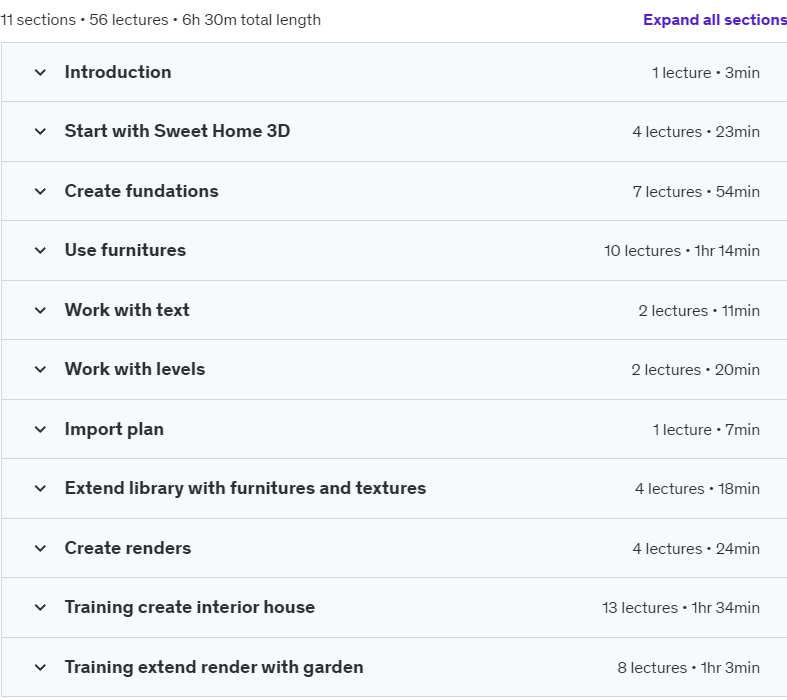Course topics · Sweet Home 3D the complete course 2022-1