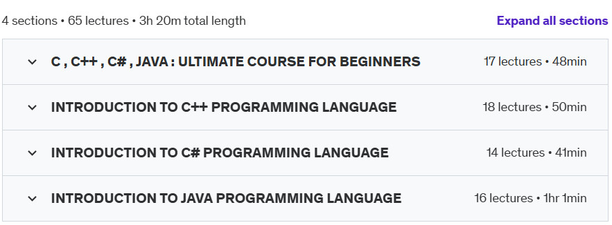 Course topics · Udemy — C , C++ , C# , JAVA : ULTIMATE COURSE FOR BEGINNERS 2024-10