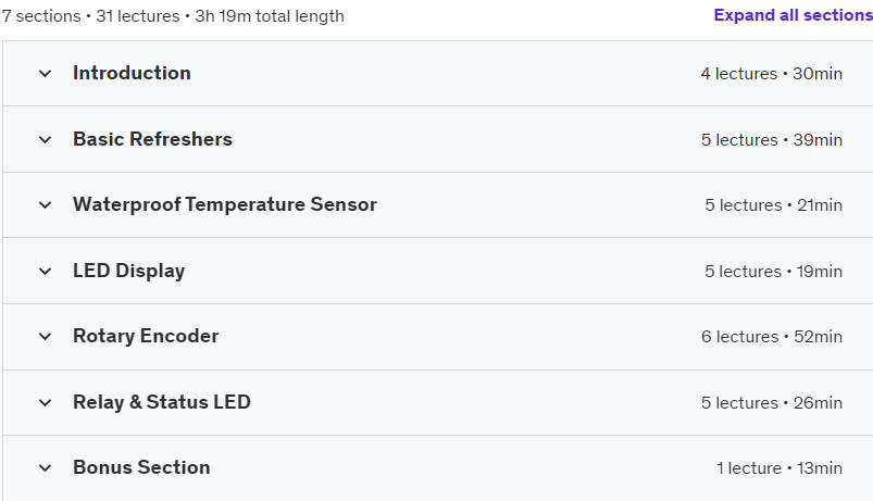 Course topics · Udemy — Arduino Nano Thermostatic Relay Learning Project 2024-4