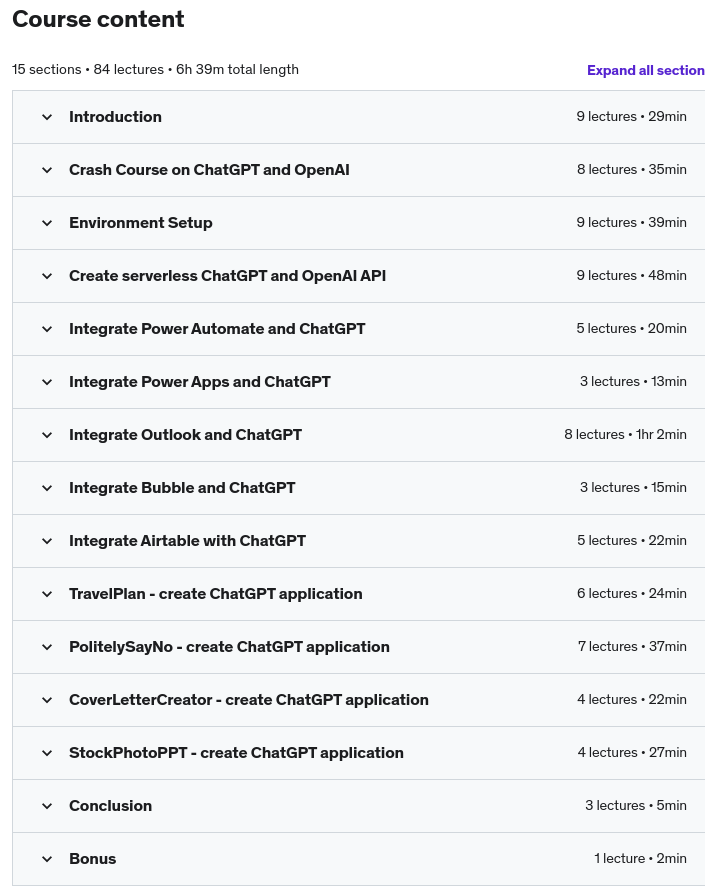 Course topics · ChatGPT Masterclass – Build Solutions and Apps with ChatGPT 2023-1