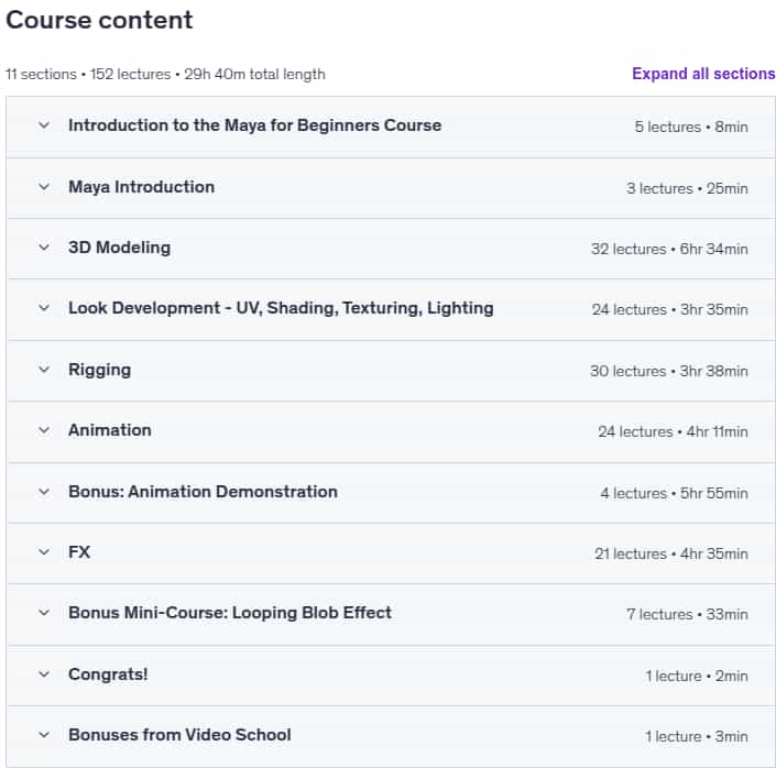 Course topics · Udemy — Maya for Beginners: Complete Guide to 3D Animation in Maya 2024-9