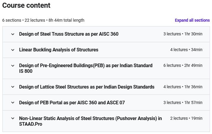 Course topics · STAAD Pro Certification Course (Steel Large Span Structures) 2020-1