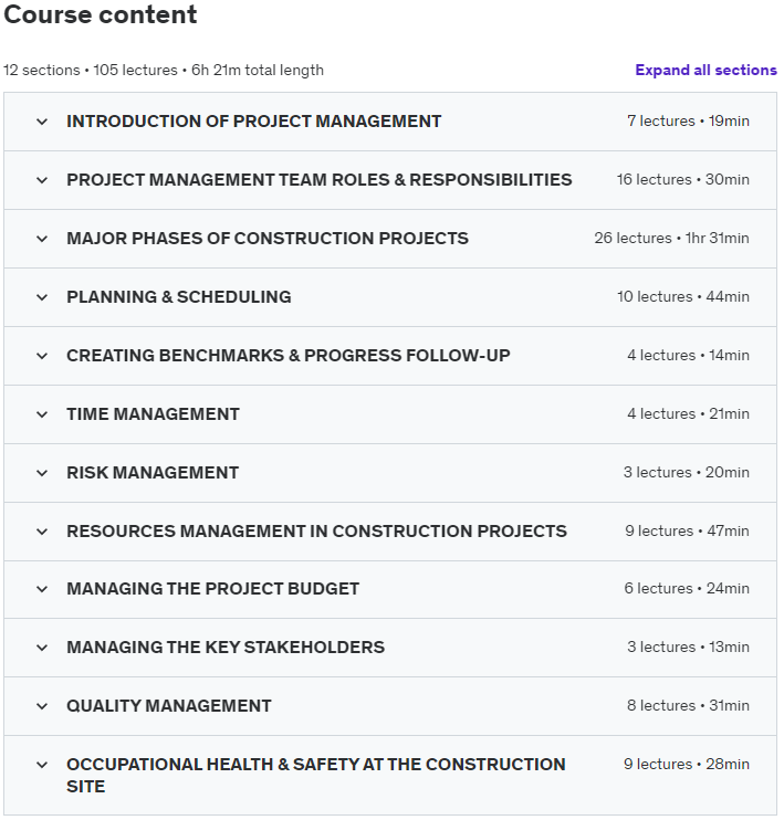 Course topics · Udemy — The Comprehensive Course in Construction Project Management 2022-1