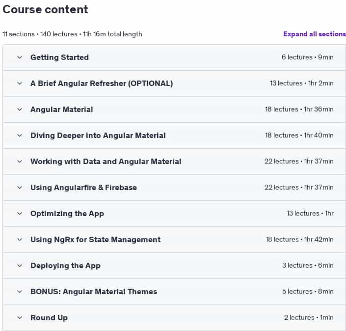 Course topics · Udemy — Angular (Full App) with Angular Material, Angularfire & NgRx 2024-6