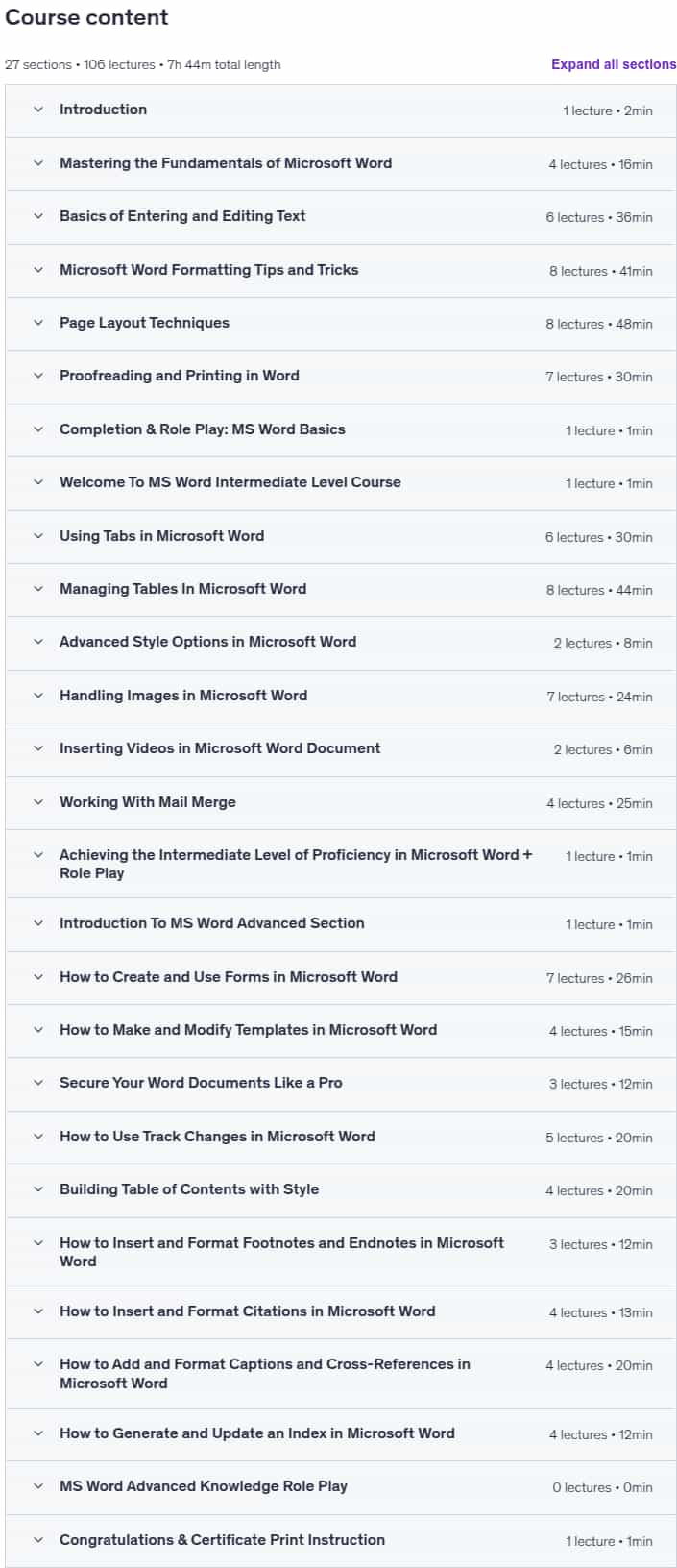 Course topics · Udemy — Word Wizard : Using Microsoft Word Like a Pro in 2025 2025-8