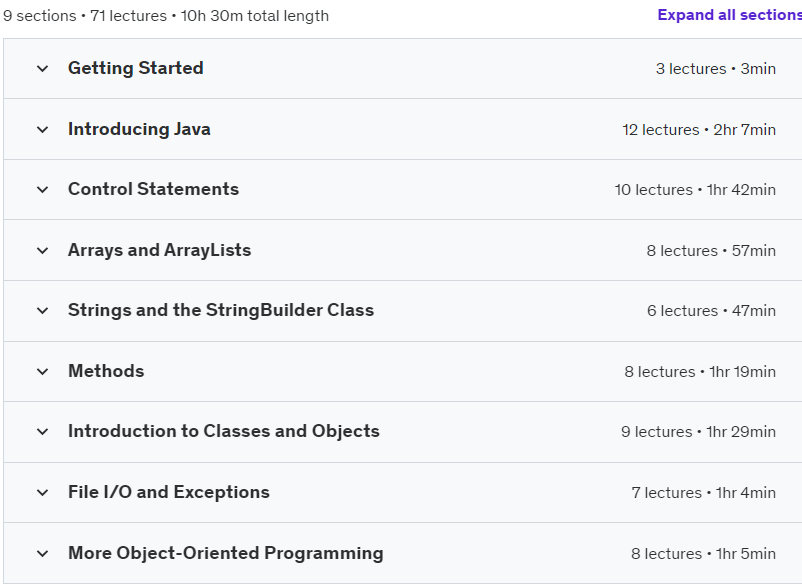 Course topics · The Complete Java Developer Course: From Beginner to Master! 2020-12