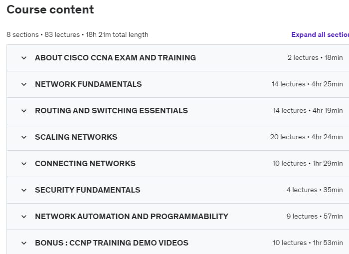 Course topics · Udemy — Cisco CCNA 200-301 : Full Course For Networking Basics 2020-3