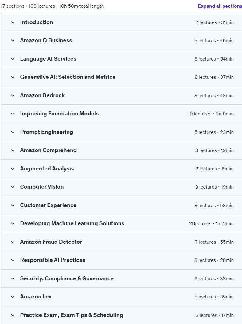 Course topics · Udemy — Complete AWS Certified AI Practitioner – AIF-C01 [NEW] 2024-5