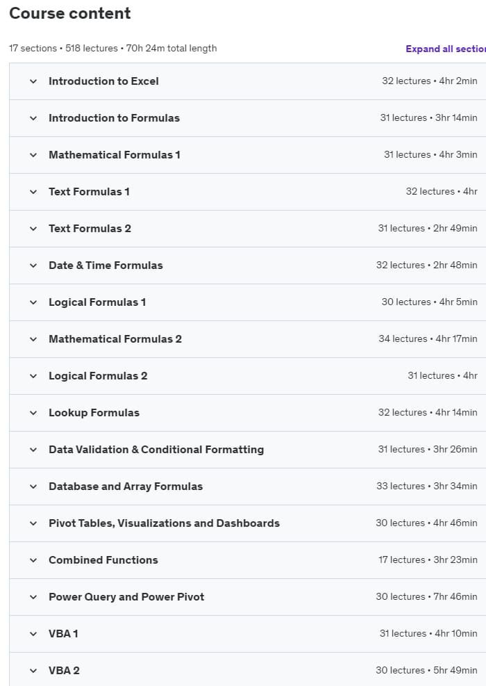 Course topics · Udemy — Master Excel and Solve 500 Problems (Beginner – Advanced) 2023-11