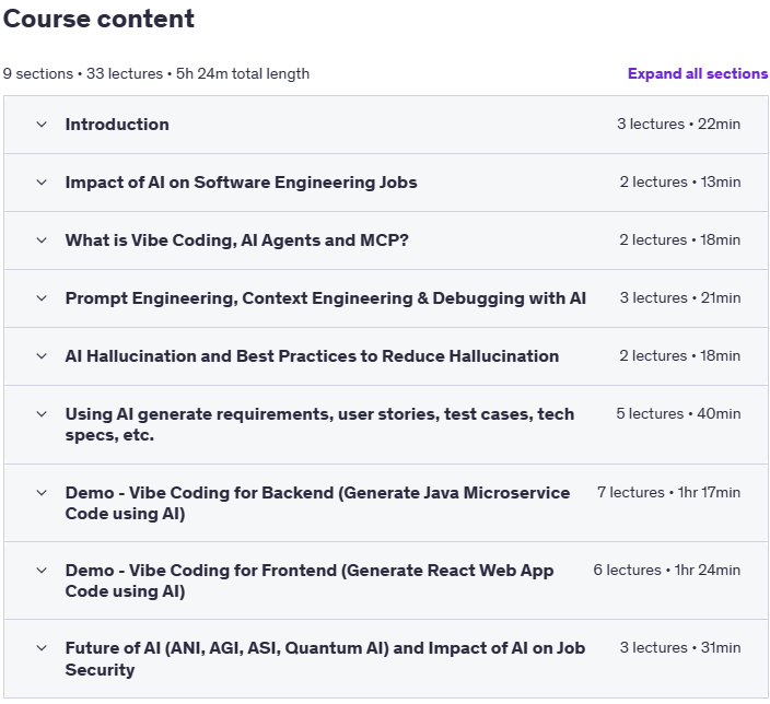 Course topics · How To Develop End To End Software Using AI (Vibe Coding) 2025-8