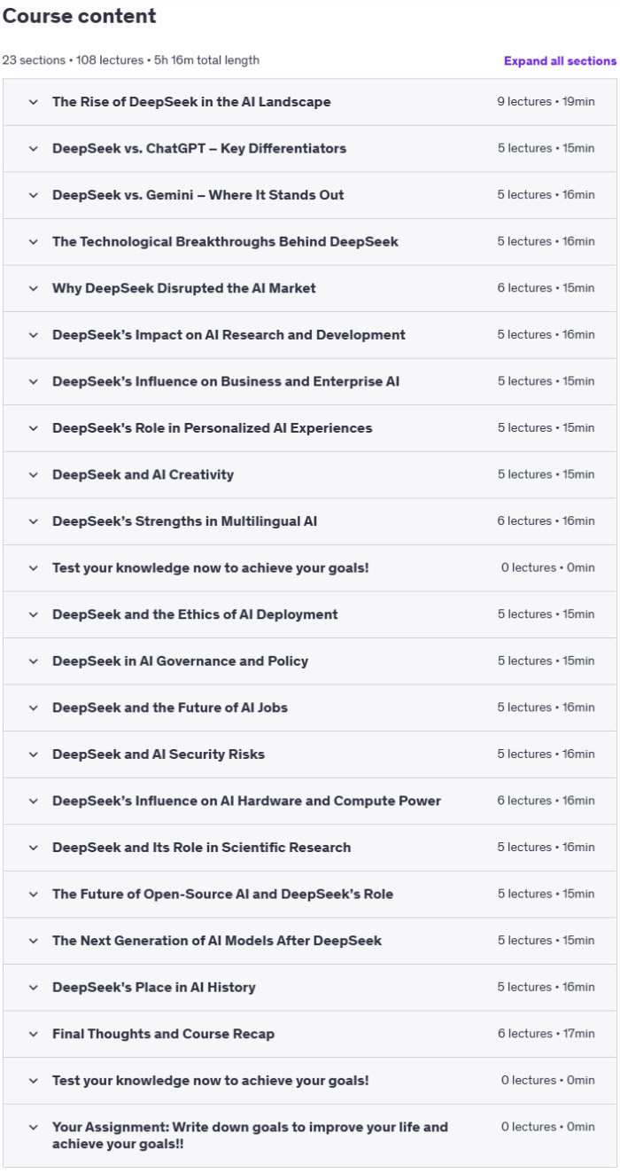 Course topics · Udemy — DeepSeek vs ChatGPT & Gemini: Disrupting Generative AI 2025-1