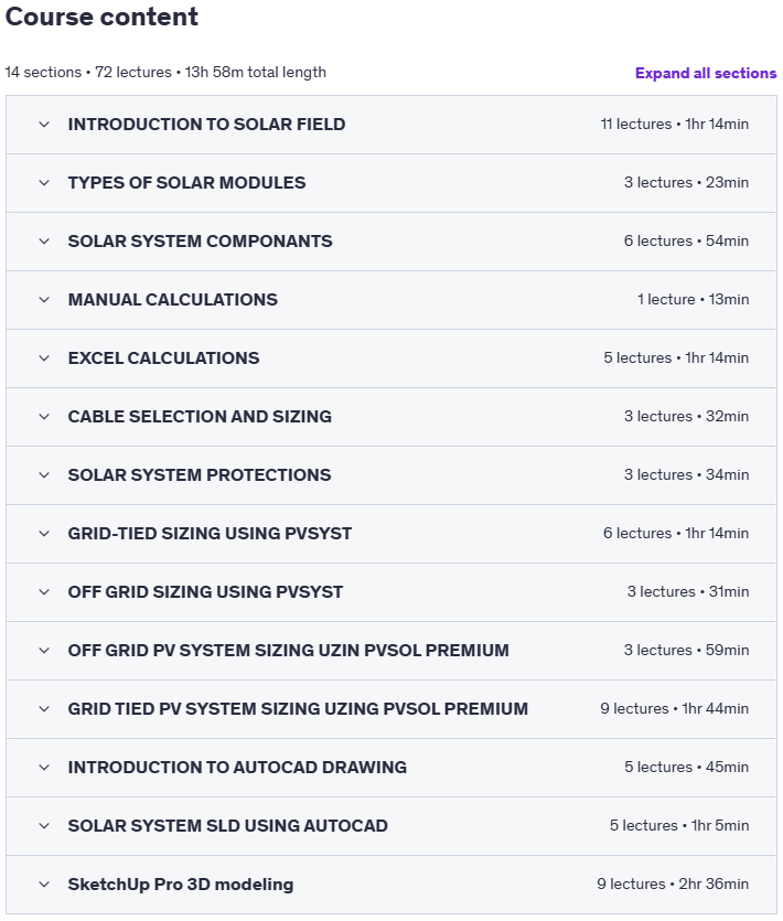 Course topics · Complete Solar Energy SketchUp,PVsyst, PVsol Premium,AutoCAD 2024-5