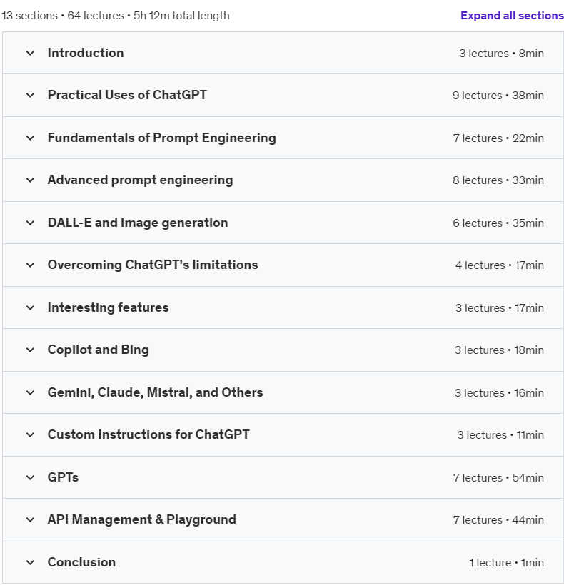 Course topics · Udemy — ChatGPT & Generative AI: The ultimate AI course 2024-8